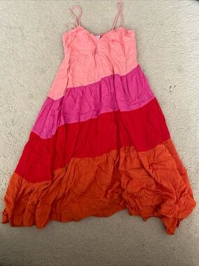 Lucy Paris Coral and Pink Tiered Spaghetti-Strap Maxi Dress